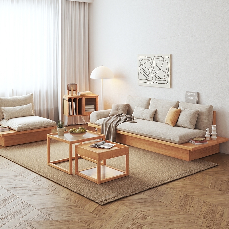 日式侘寂风原木风沙发实木客厅小户型G布艺北欧简约储物榻榻米地