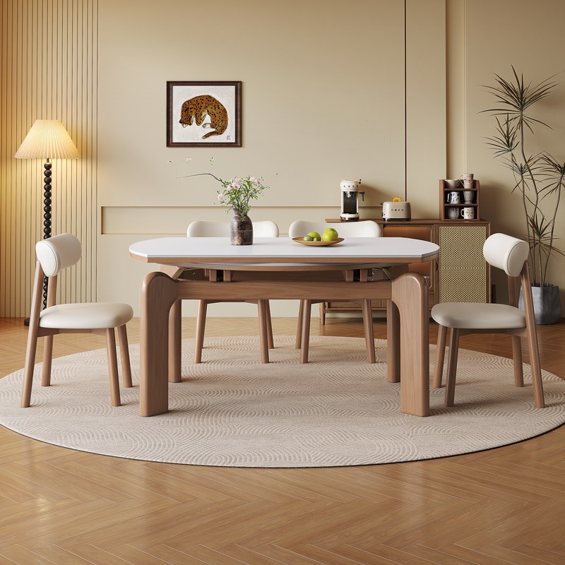 实木岩板伸缩餐桌椅组合简约x家用小户型胡桃色可折叠方圆两用饭