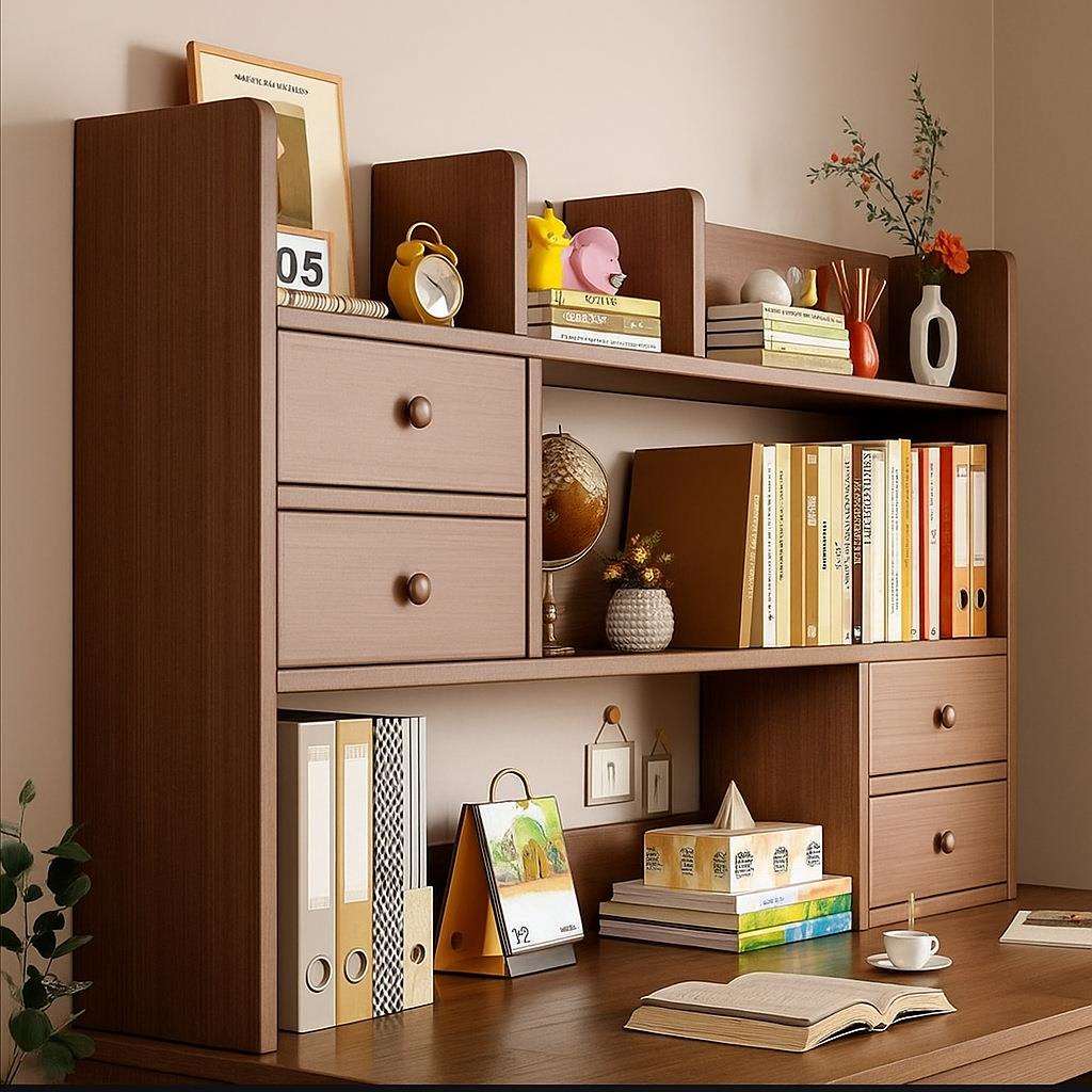 实木桌面书架书桌架家用学生简易收纳架办公立式多层小型置物架子