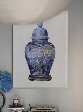 中国风玄关柜素雅蓝色淡墨金青花瓷新中式装饰画客厅玄关餐厅挂画