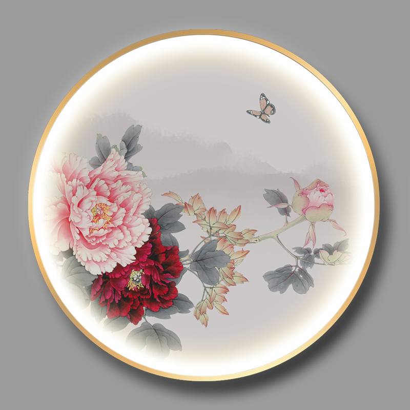 现货圆形牡丹装饰画带灯发光壁画中式客厅走廊玄关沙发背景墙挂画图片