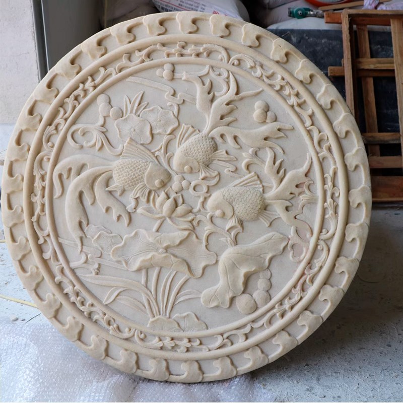 砂岩鱼莲图背景墙装饰玻璃钢仿铜浮雕壁画别墅庭院外墙花板玄关图片