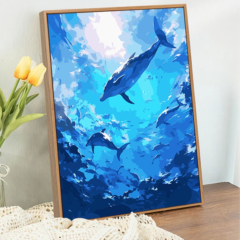 海洋蓝色海豚diy数字油画卡通儿童油画治愈心理解压手工解闷彩画