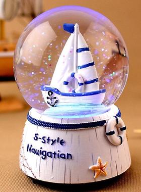创意帆船水晶球八音盒女生日礼物圣诞节送男生女孩女生儿童