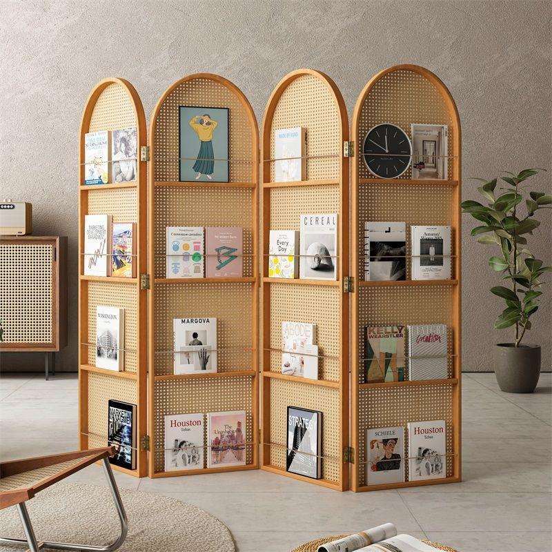 折屏藤编屏风隔断客厅实木折叠可移动小户型遮挡入户民宿杂志书架