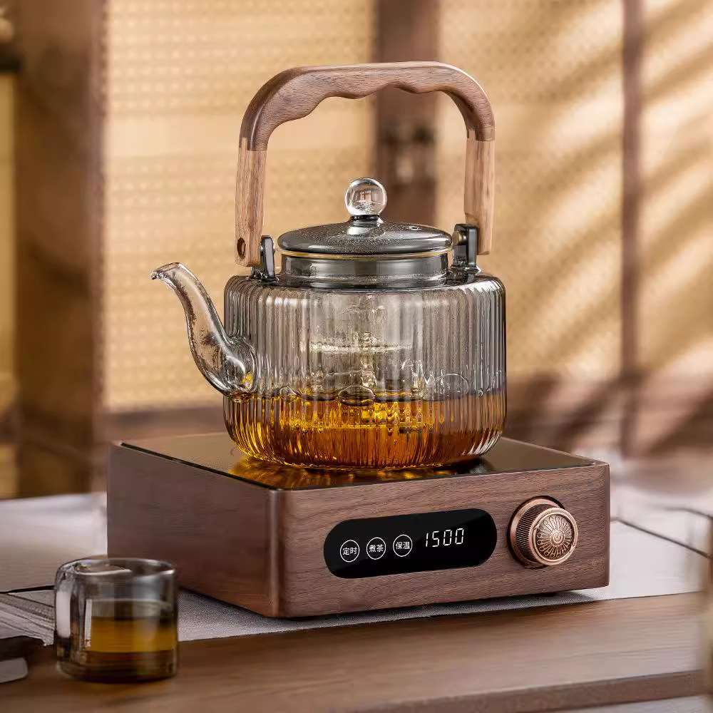围炉煮茶壶高硼硅透黑玻璃竖纹提梁壶蒸煮一体内胆加热玻璃泡茶壶