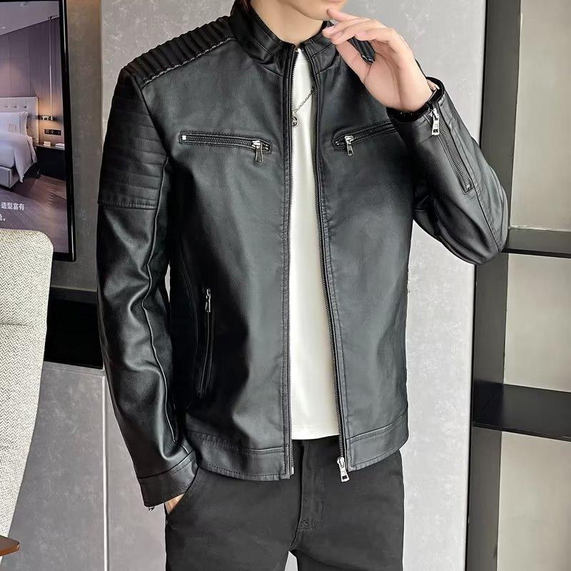 2024秋冬新款立领皮外套跨境韩版修身潮流机车pu皮夹克外套男