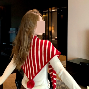 红色三角巾围巾女生冬韩系氛围感披肩加厚圣诞慵懒风针织条纹围脖