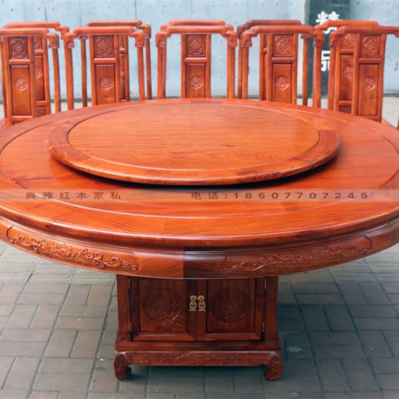 大果紫檀圆形餐桌十二件套 花梨木160cm饭桌 中式红木家具旋转桌