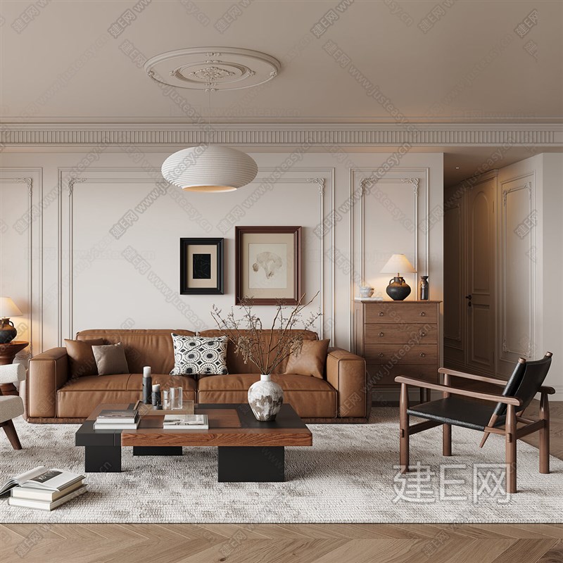 中古风皮艺沙发实木拼接茶几组合现代简约客厅小户型家用沙发家具