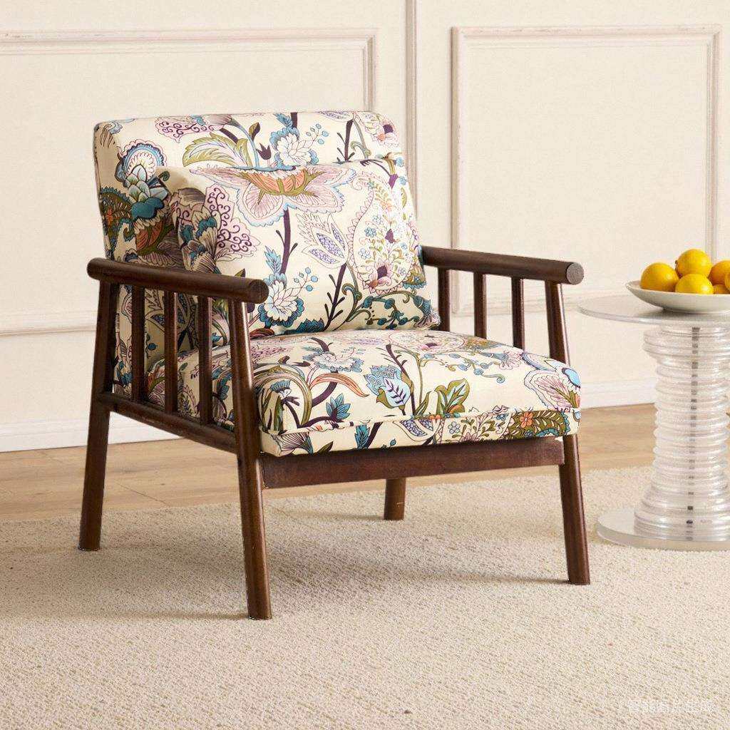 单人沙发中古风客厅阳台实木休闲椅复古风设计师靠背懒人单人椅子