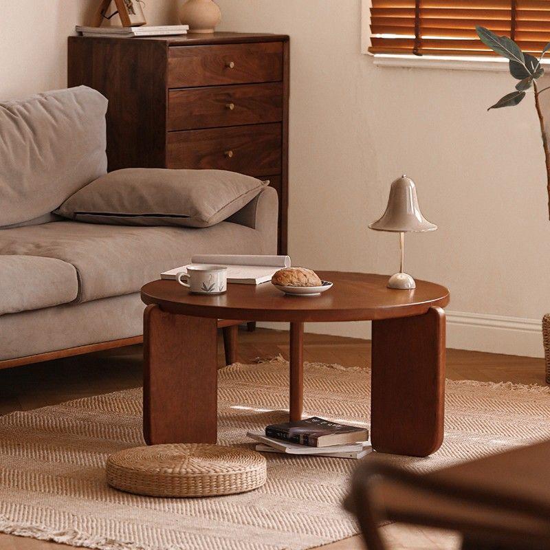 现代客厅简约圆形柚木色黑色中古茶几实木原木客厅圆圆桌矮桌