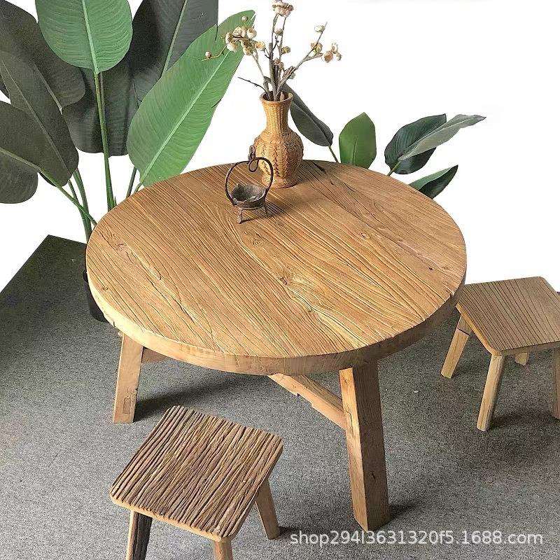 厂家供应老榆木圆桌餐桌家用圆形餐桌椅组合新中式风化纹理小炕桌