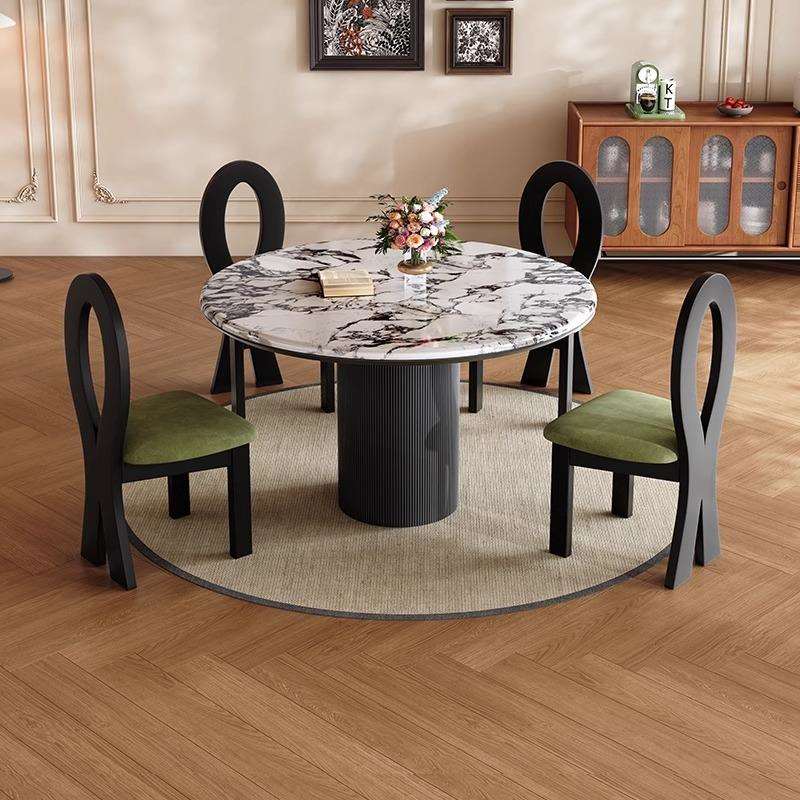 法式复古风圆桌带转盘中古风白蜡木纹实木圆形餐桌 8人家用小户型