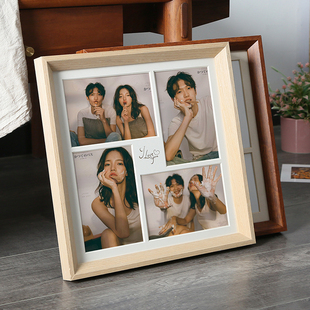 实木四宫格洗照片做成相框挂墙加卡纸四孔组合相片框6Y寸5寸定制