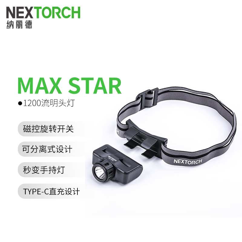 纳丽德NEXTORCH Max Star磁控旋转开关直充头灯1200流明强光远射