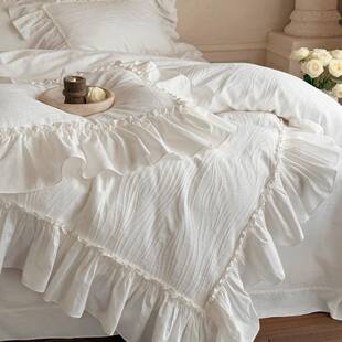 时光独白 全棉大提花纯色荷叶花边四件套纯棉浪漫公主被套床单