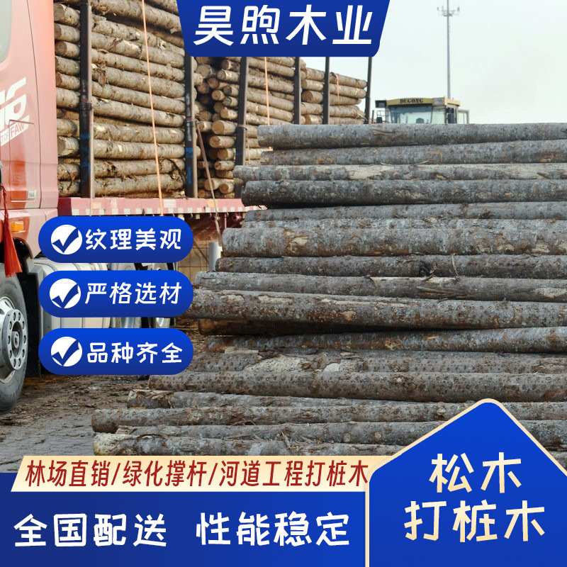 原木 河道围岸打桩木防汛工程护坡整治松木桩可订1-8米圆木棒