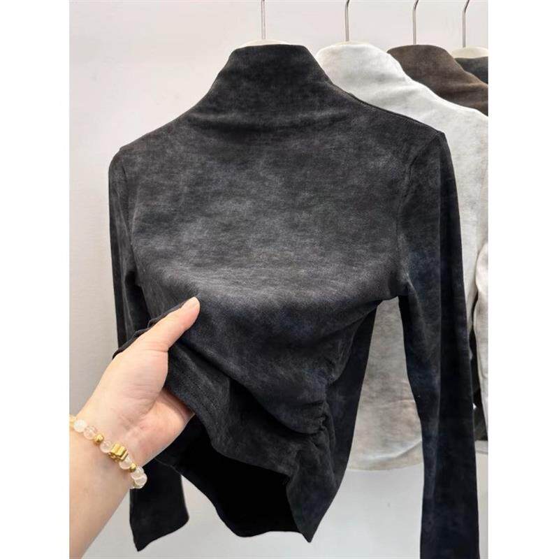 2026冬季新款正肩半高领褶皱收腰扎染长袖德绒内搭打底上衣女T恤