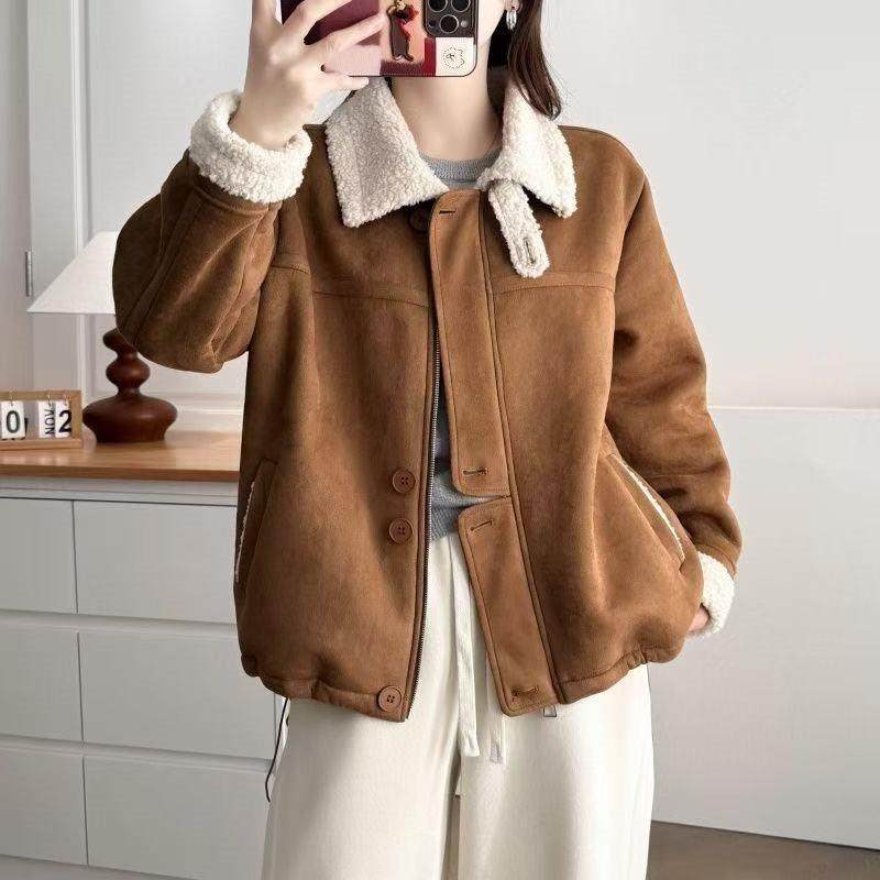 加绒加厚外套女大码秋冬2026新款胖mm时尚下摆抽绳宽松麂皮绒上衣