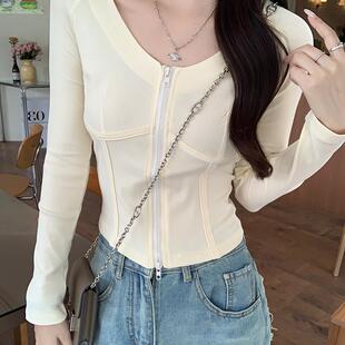 实拍1*1螺纹210G长袖t恤女2025初秋新款潮拉链V领修身打底衫上衣