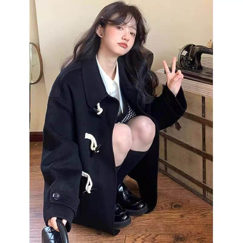 牛角扣黑色短款毛呢外套女2025秋冬季呢子大衣小个子加厚今年流行