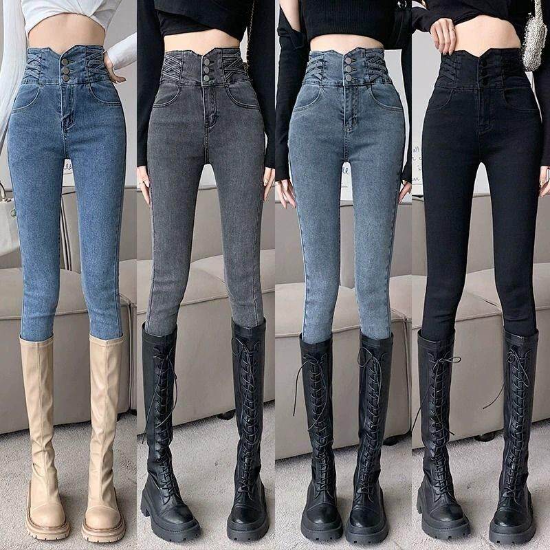 腰烟灰色弹力收腹紧身小脚牛仔裤女冬加绒加厚修身黑色铅笔裤