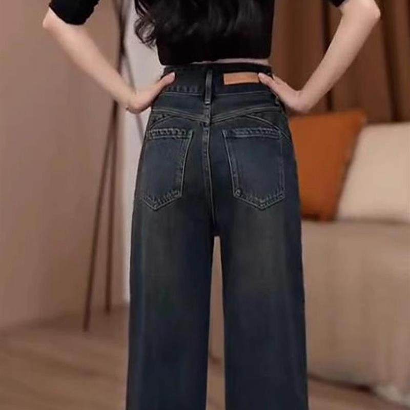 设计感大码加绒加厚直筒牛仔裤女冬季新款高腰显瘦宽松阔腿裤