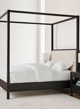 9W美式做旧黑色法式复古全实木双人床新中式四柱床1.8米架子床婚