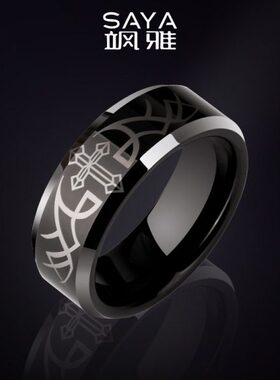 金食指指环圈简约男士素男黑色个性潮尾戒十字架戒指单身戒霸气钨
