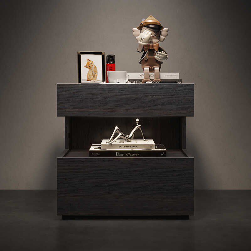 意式极简悬浮床头柜镂空式加灯实木床边柜M北欧卧室床边储物收纳