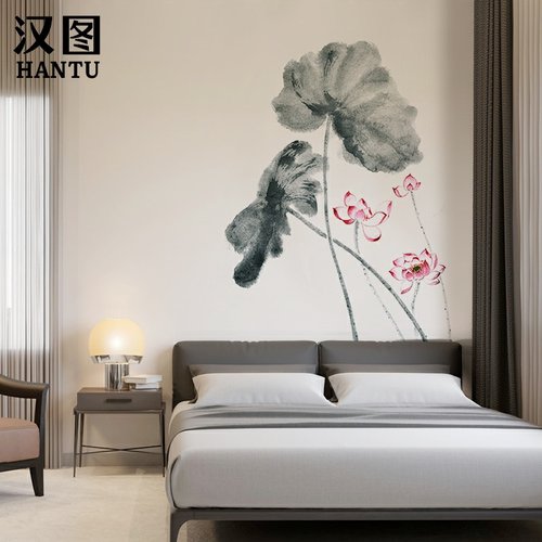 新中式素色水墨荷花墙纸墙布客z厅沙发电视背景墙壁纸卧室床头壁