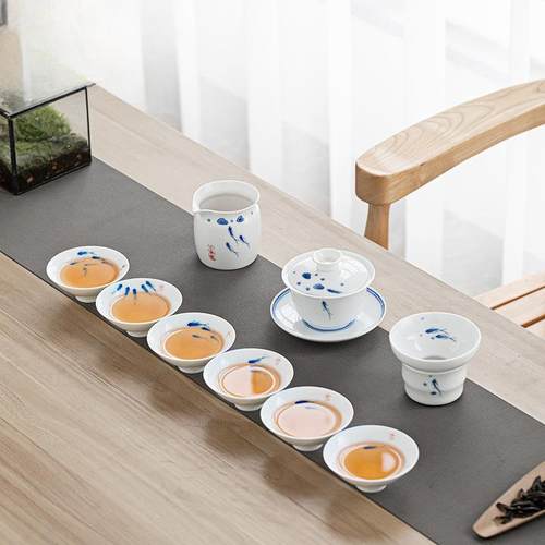功夫盖碗茶具套装手绘青花瓷小鱼品茗杯茶盏斗笠茶杯客人家用简约