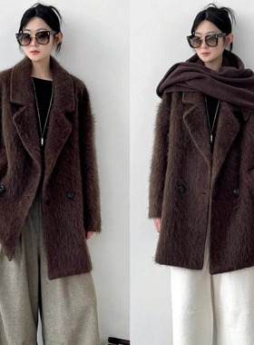 冬季新款高级感时髦山羊绒羊毛拉毛双排扣山羊绒羊毛双面呢大衣女