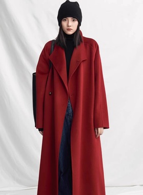高级感韩版时髦中长款系带百搭立裁翻领双面羊绒大衣宽松外套女