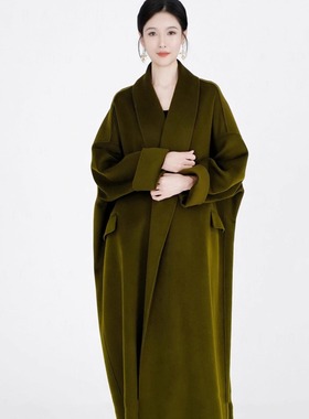 高级感韩版气质冬季新款限量定染秋香绿慵懒羊绒羊毛大衣女外套