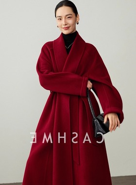 气质时髦新款加厚大牌高端毛呢外套红色双面羊绒大衣女中长款百搭