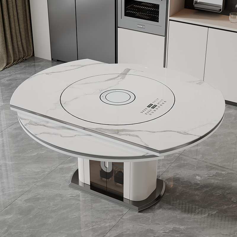 岩板圆形餐桌椅组合2024新款多功能可伸缩餐桌家用电磁炉暖菜转盘