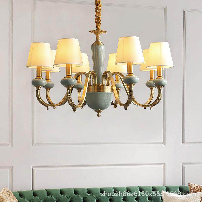 全铜客厅陶瓷吊灯美式乡村复古卧室书房法式田园灯具大厅别墅吊灯