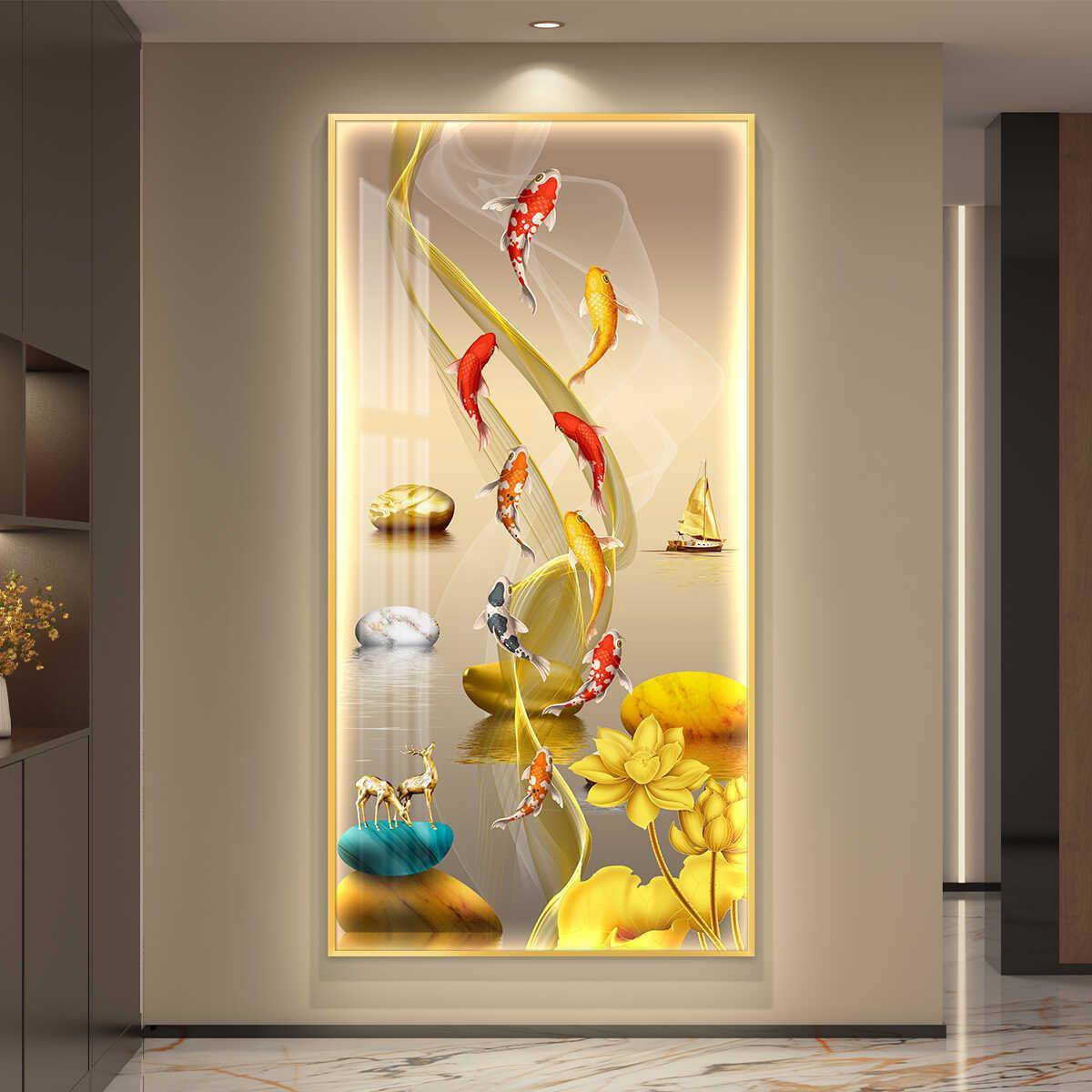 【折扣价】Led带灯轻奢入户进门九鱼图玄关装饰画挂画壁画竖版走