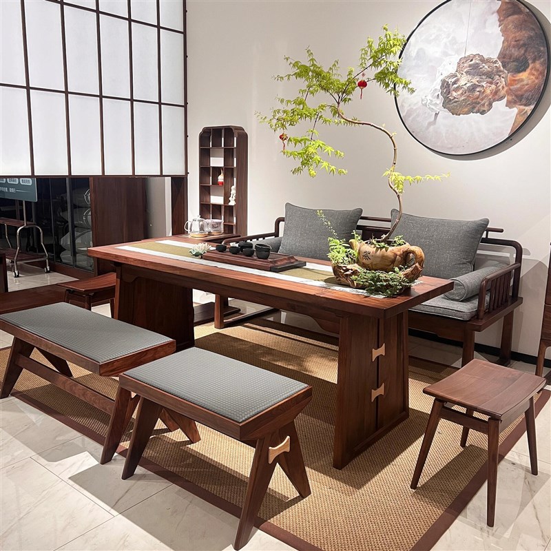 新中式实木禅意休闲茶桌u椅组合书桌办公桌名宿黑胡桃白蜡木茶台