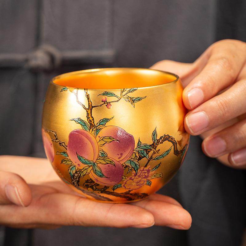 茶具送长辈寿礼品 手绘九桃主人杯鎏金建盏养生茶盏品茗杯杯子