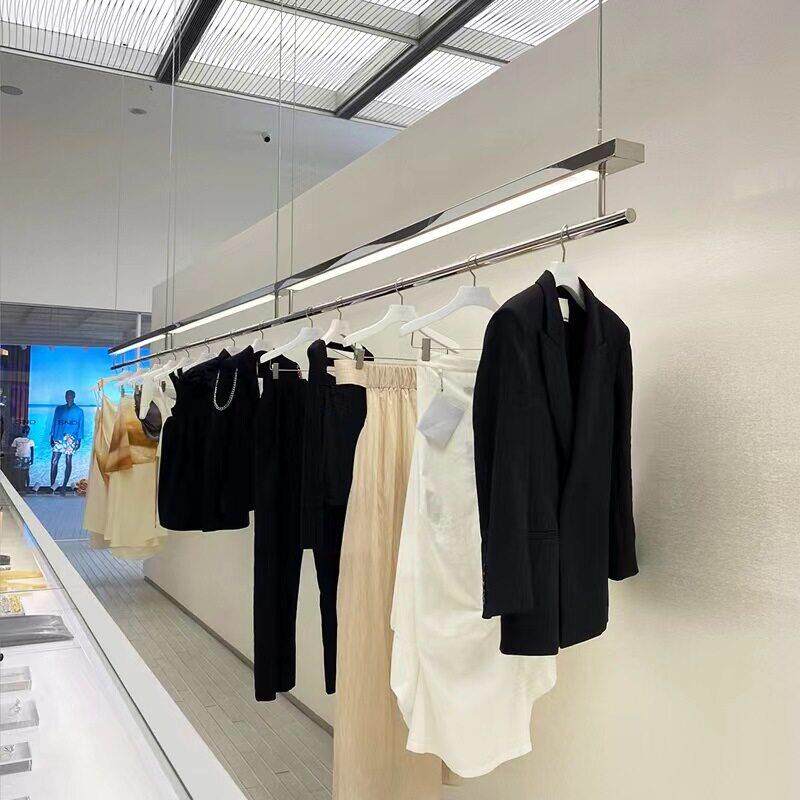 服装店吊架不锈钢上墙挂衣架陈列货架橱窗悬挂吊杆女装展示架带灯