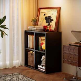 实木卡莱克格子柜书架置物架落地客厅靠墙收纳柜子黑色中古风书柜