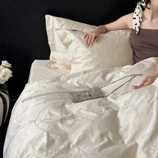 厚织浮雕款~轻奢全棉提花四件套50支纯棉被套床单床笠白色秋冬季