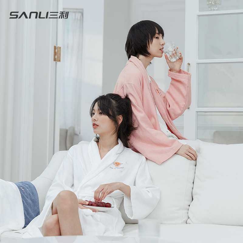 三利毛巾四季纯棉华夫格浴袍短袖翻领中长款浴衣跨境情侣款家居服