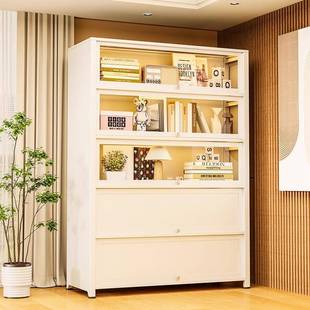 钢制书柜儿童书架落地储物柜防尘带门客厅展示柜奶油风铁艺置物架