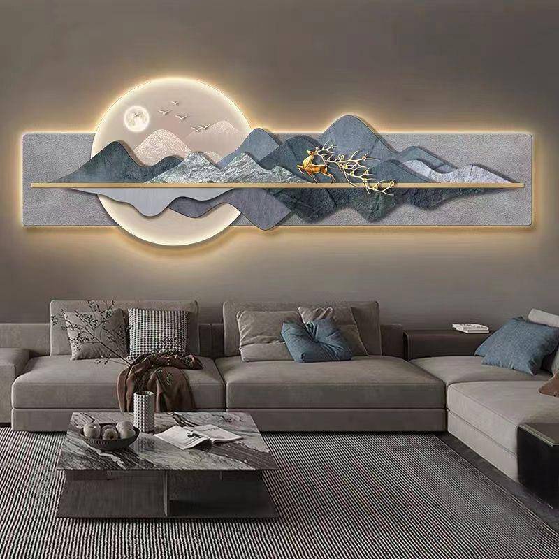 轻奢大气客厅装饰画高级感LED发光灯画立体山水画沙发背景墙挂画