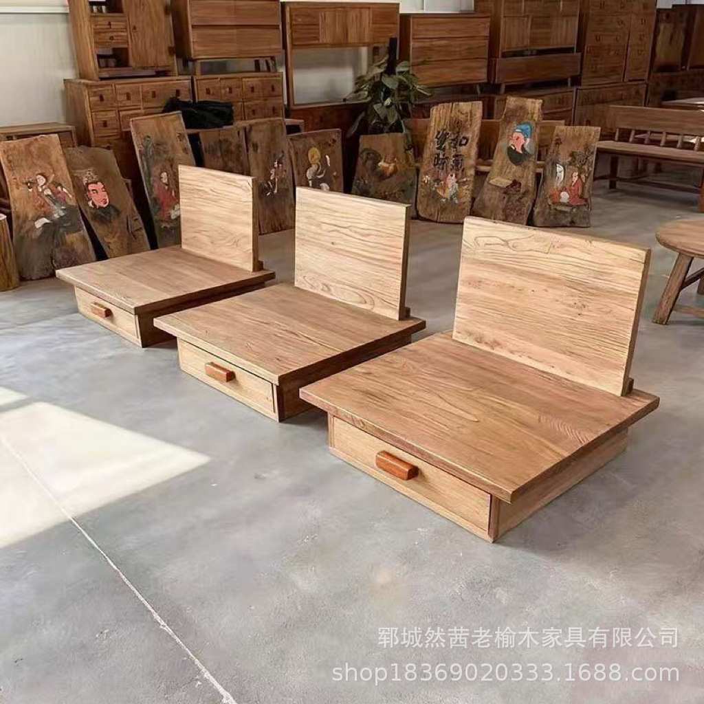 侘寂风老榆木沙发实木单人榻榻米休闲椅客厅装饰直排沙发沙发座椅