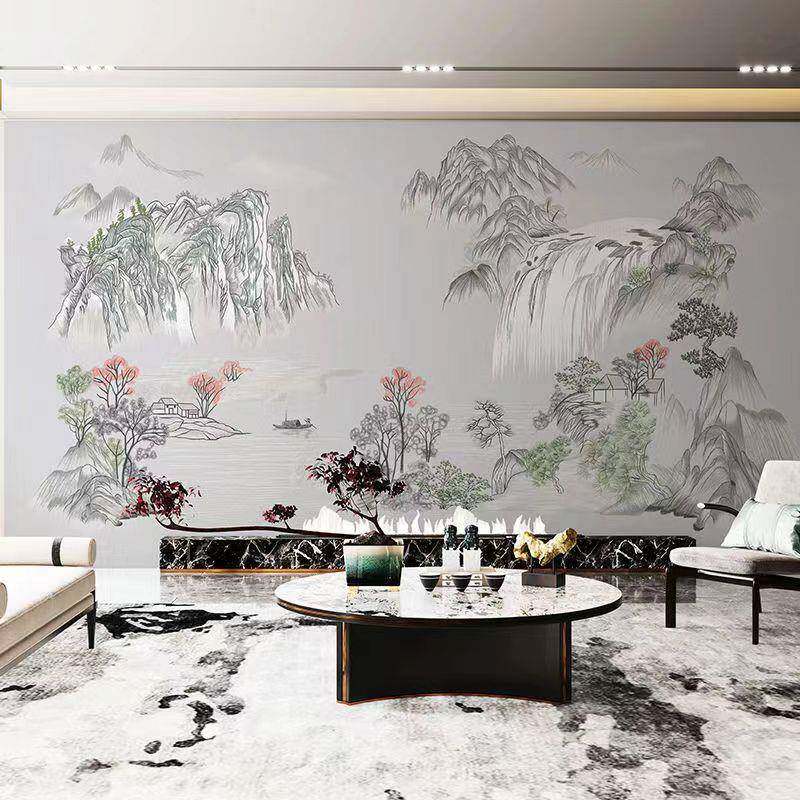 独秀刺绣背景墙独绣沙发客厅电视山河壮丽E中式山水高档无缝壁布